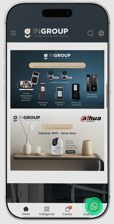 Vista previa de la tienda en línea de Ingroup en un teléfono.